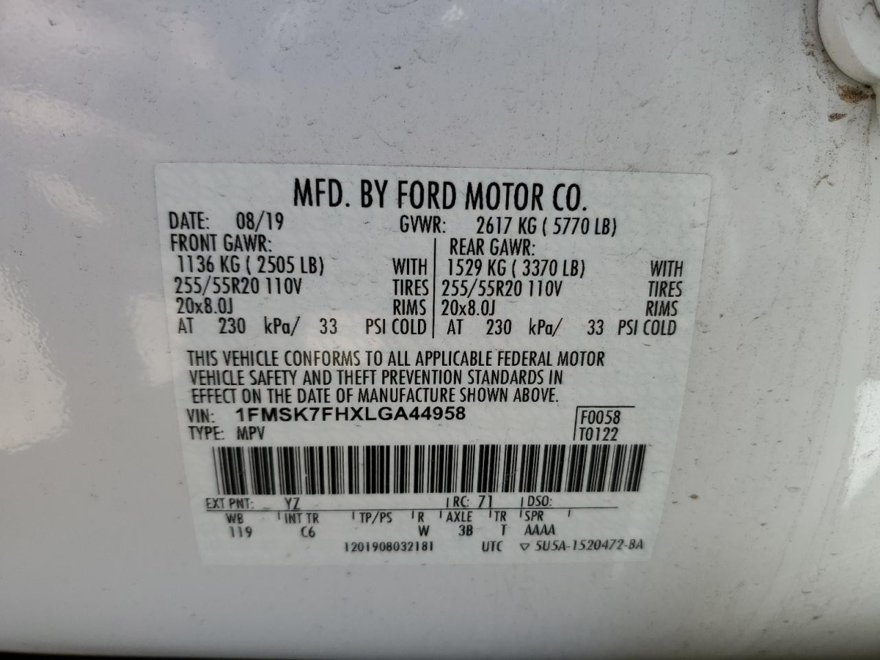 2020 Ford Explorer Limited VIN: 1FMSK7FHXLGA44958 Lot: 57205044