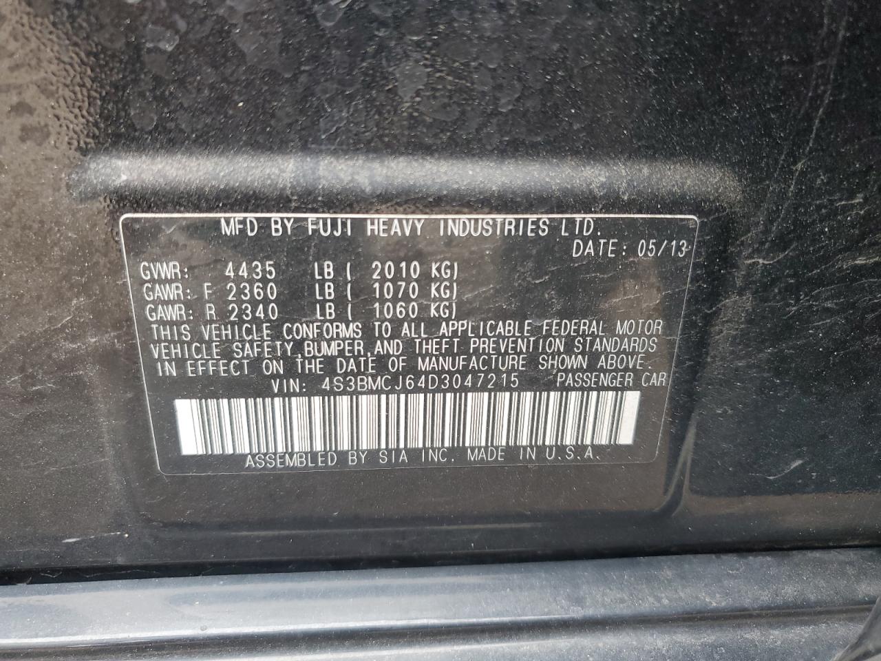 2013 Subaru Legacy 2.5I Limited VIN: 4S3BMCJ64D3047215 Lot: 59959334