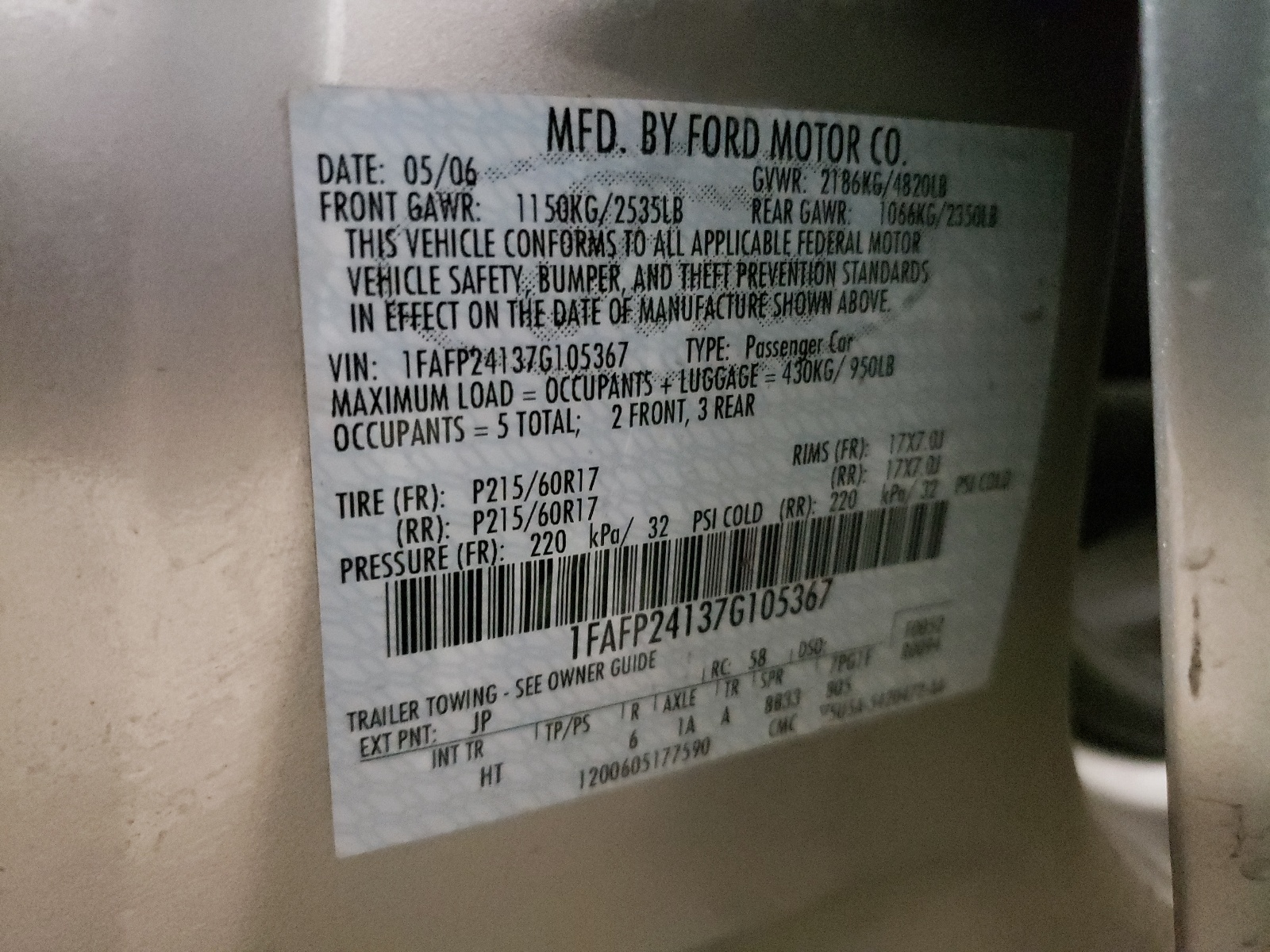 1FAFP24137G105367 2007 Ford Five Hundred Sel