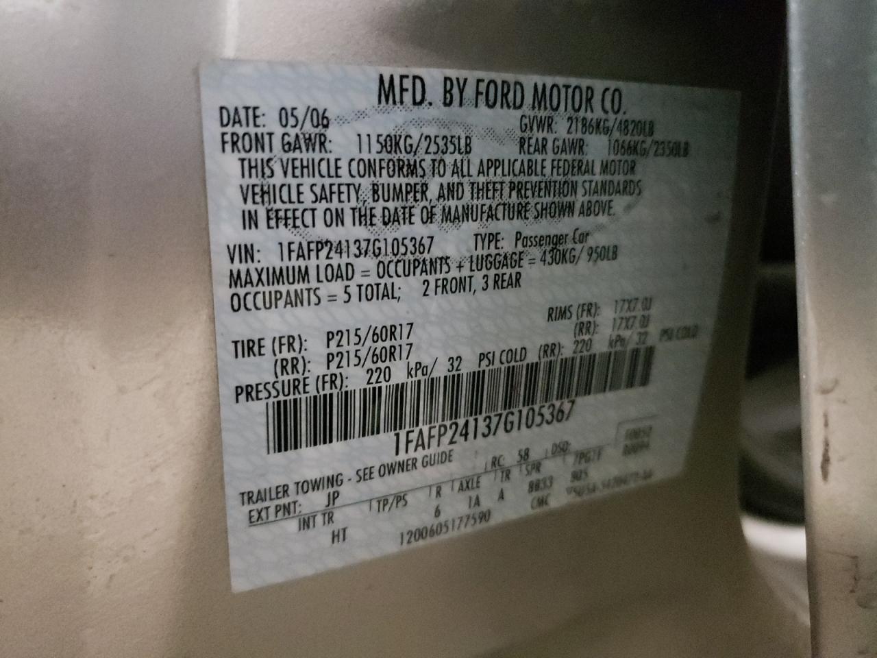 2007 Ford Five Hundred Sel VIN: 1FAFP24137G105367 Lot: 57766434