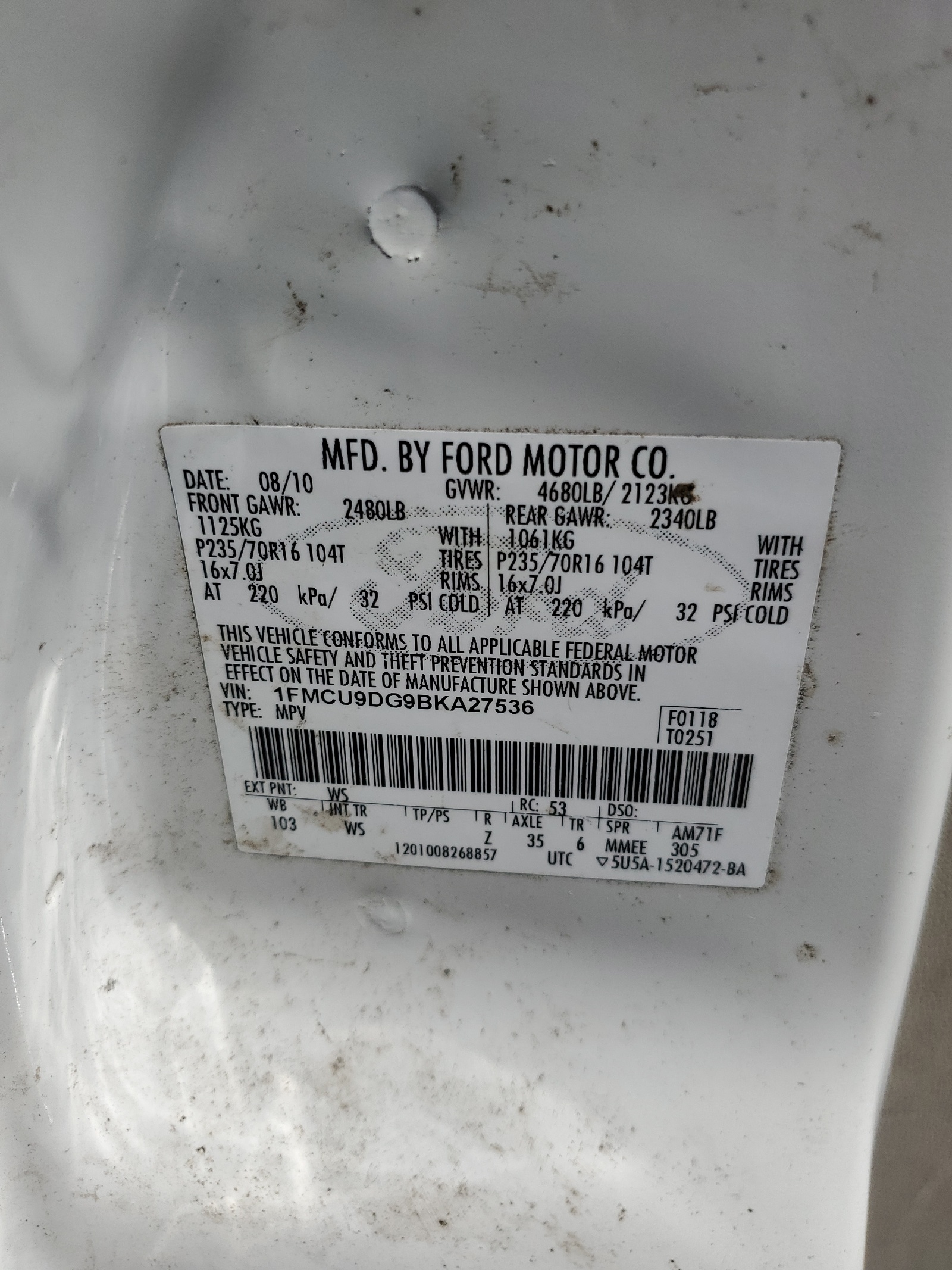 1FMCU9DG9BKA27536 2011 Ford Escape Xlt
