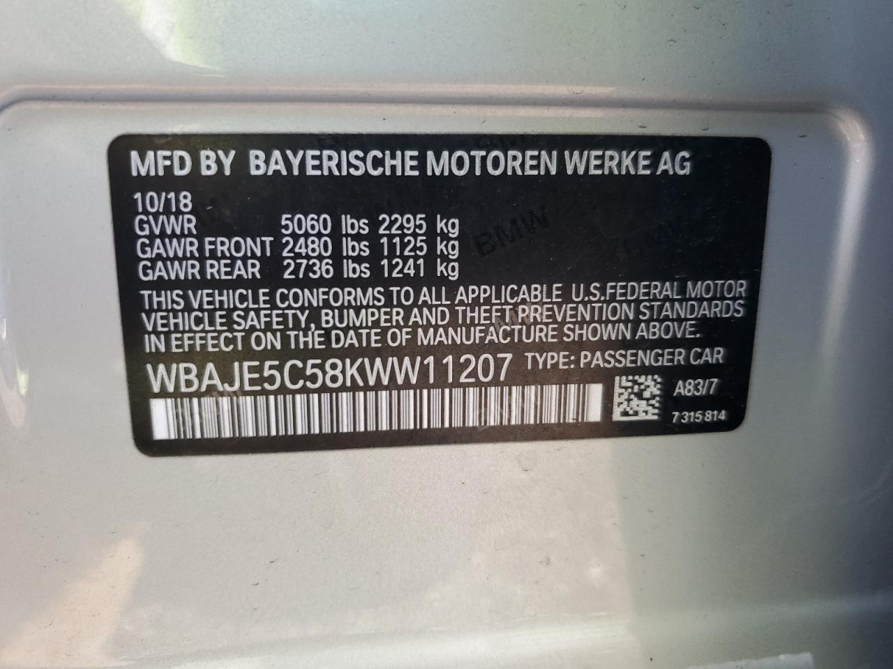 2019 BMW 540 I VIN: WBAJE5C58KWW11207 Lot: 59650884