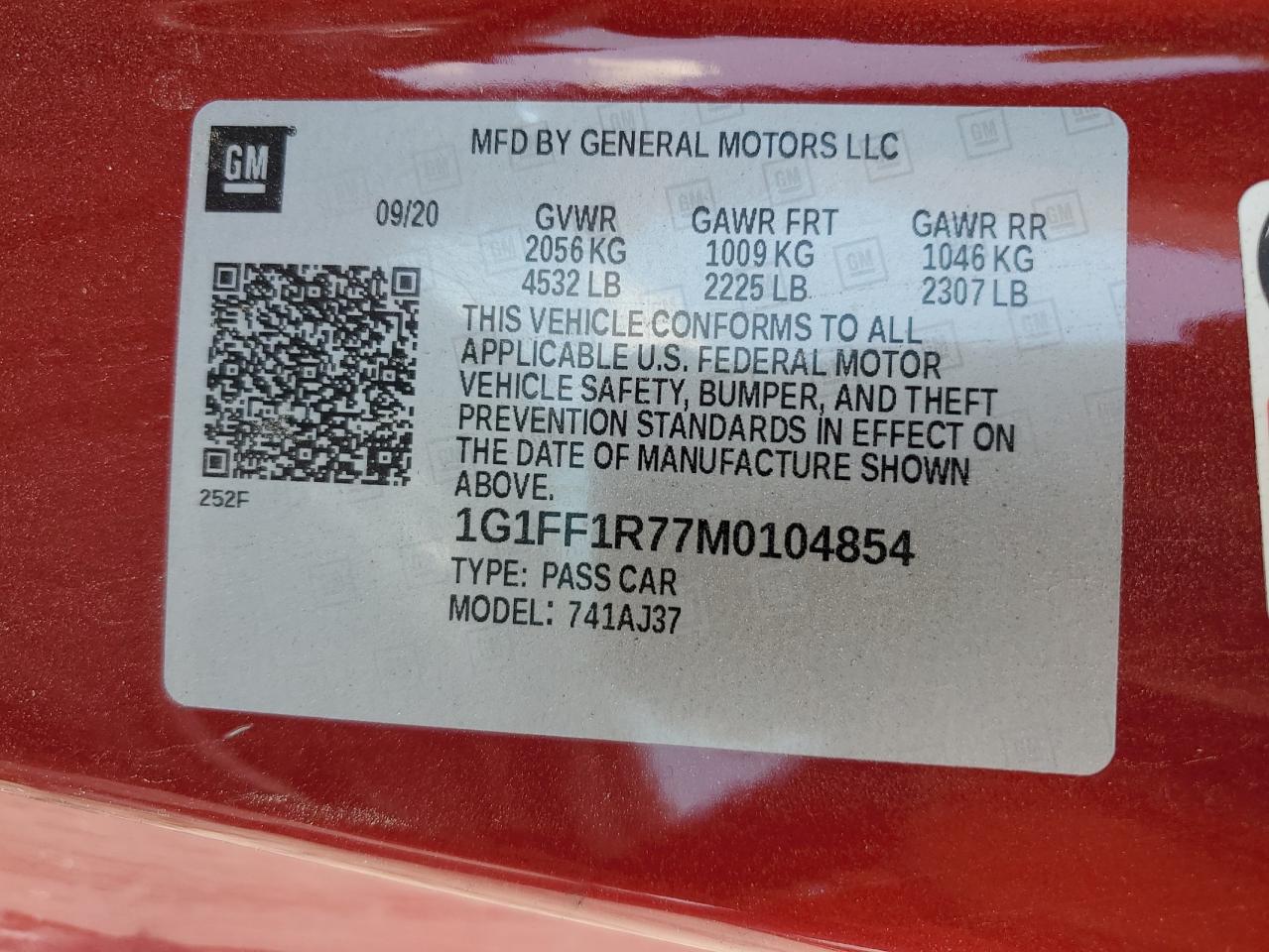 2021 Chevrolet Camaro Lz VIN: 1G1FF1R77M0104854 Lot: 58769354