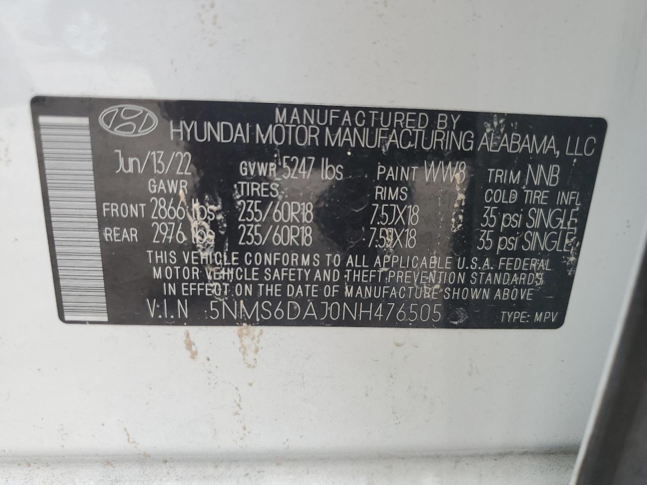 2022 Hyundai Santa Fe Sel VIN: 5NMS6DAJ0NH476505 Lot: 56120264