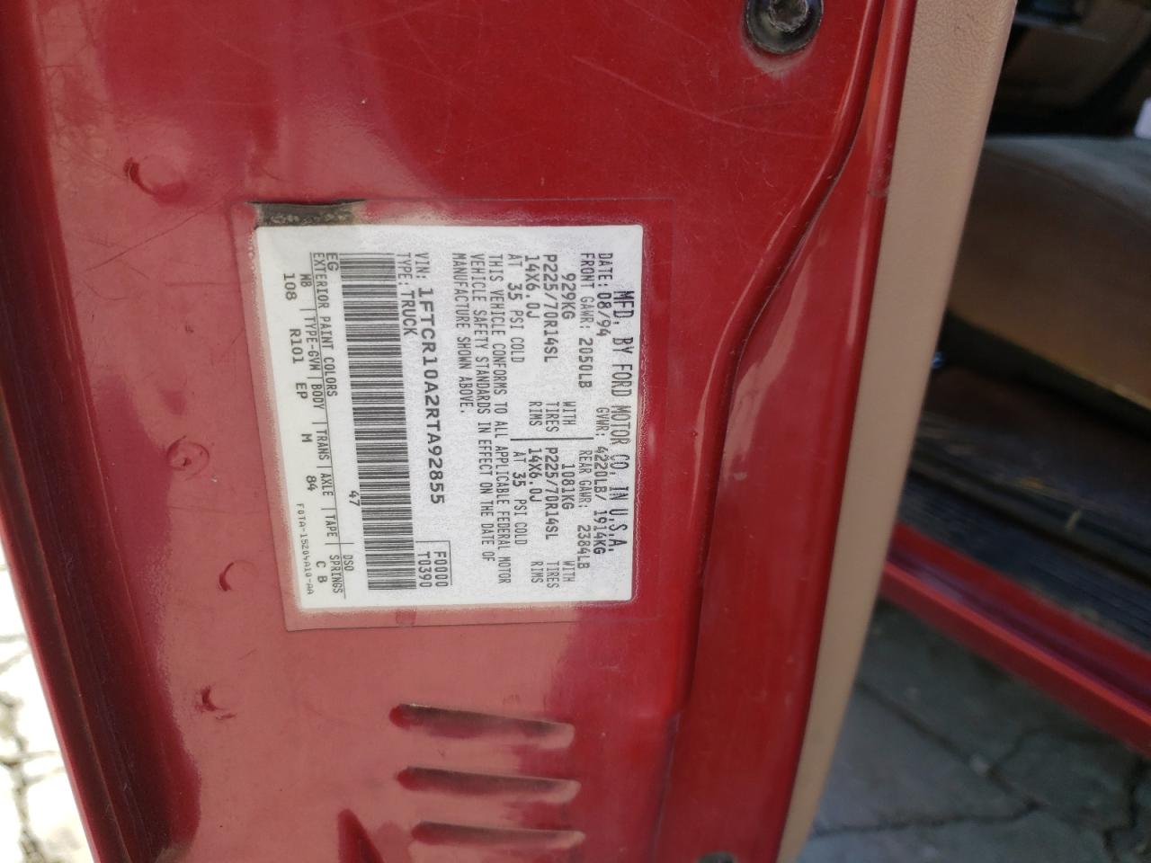 1994 Ford Ranger VIN: 1FTCR10A2RTA92855 Lot: 59213874