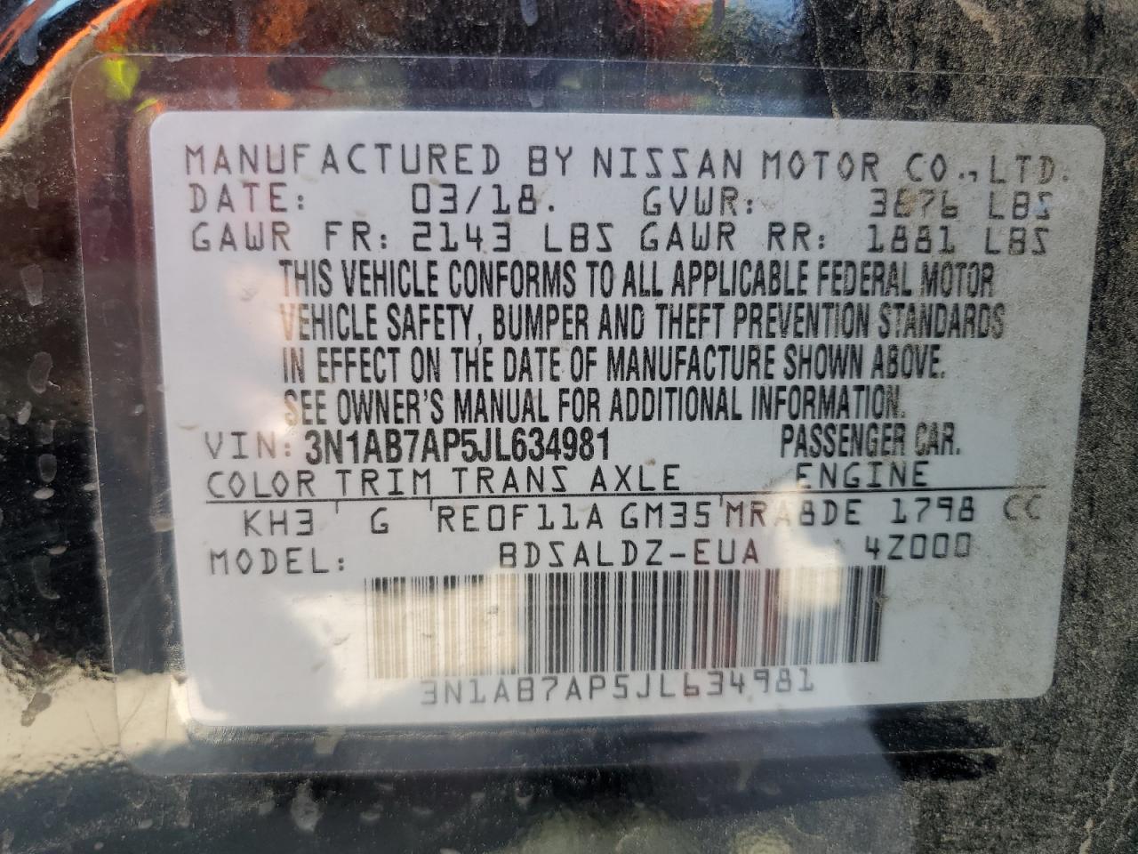 3N1AB7AP5JL634981 2018 Nissan Sentra S