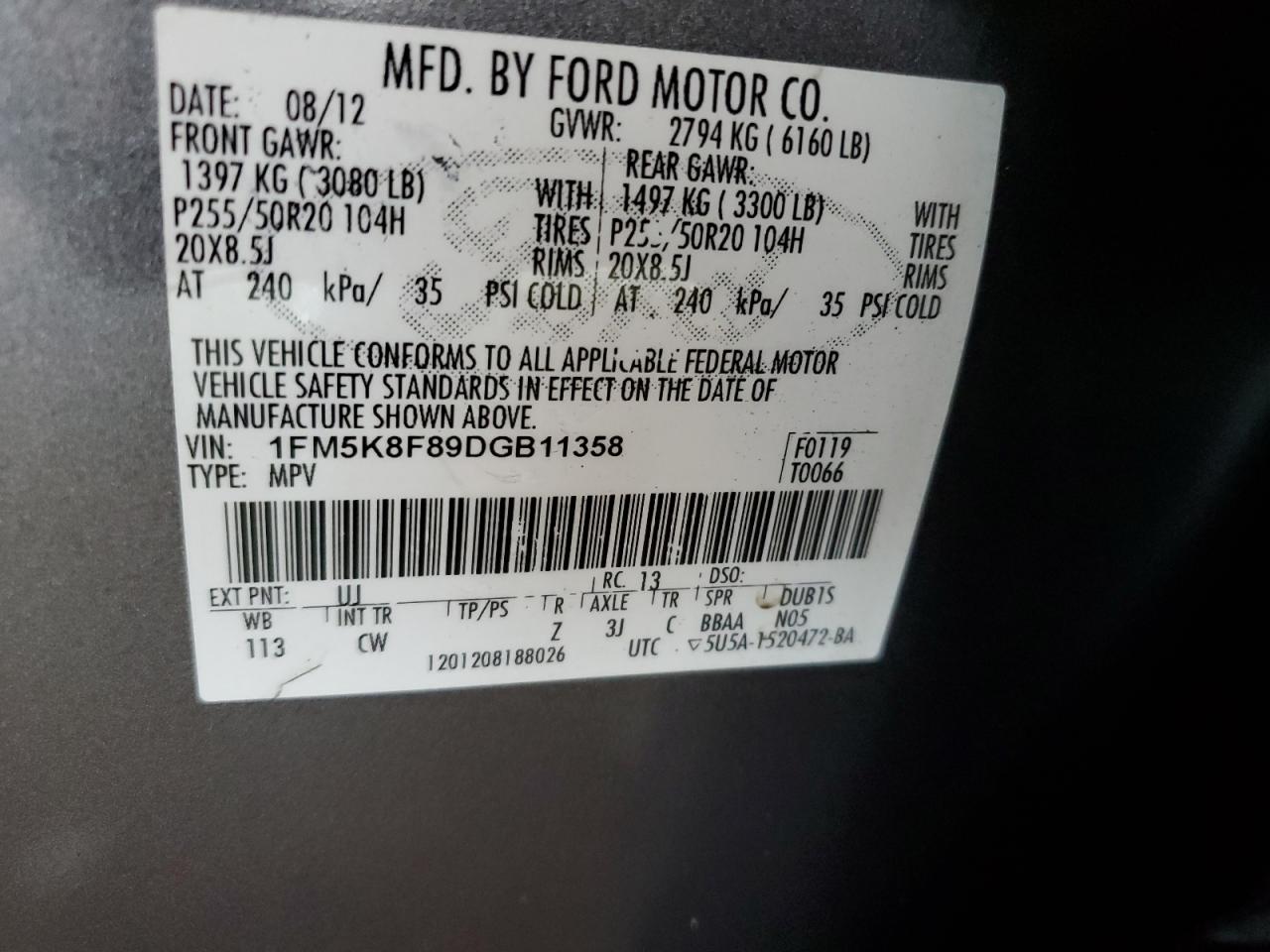 2013 Ford Explorer Limited VIN: 1FM5K8F89DGB11358 Lot: 60572914