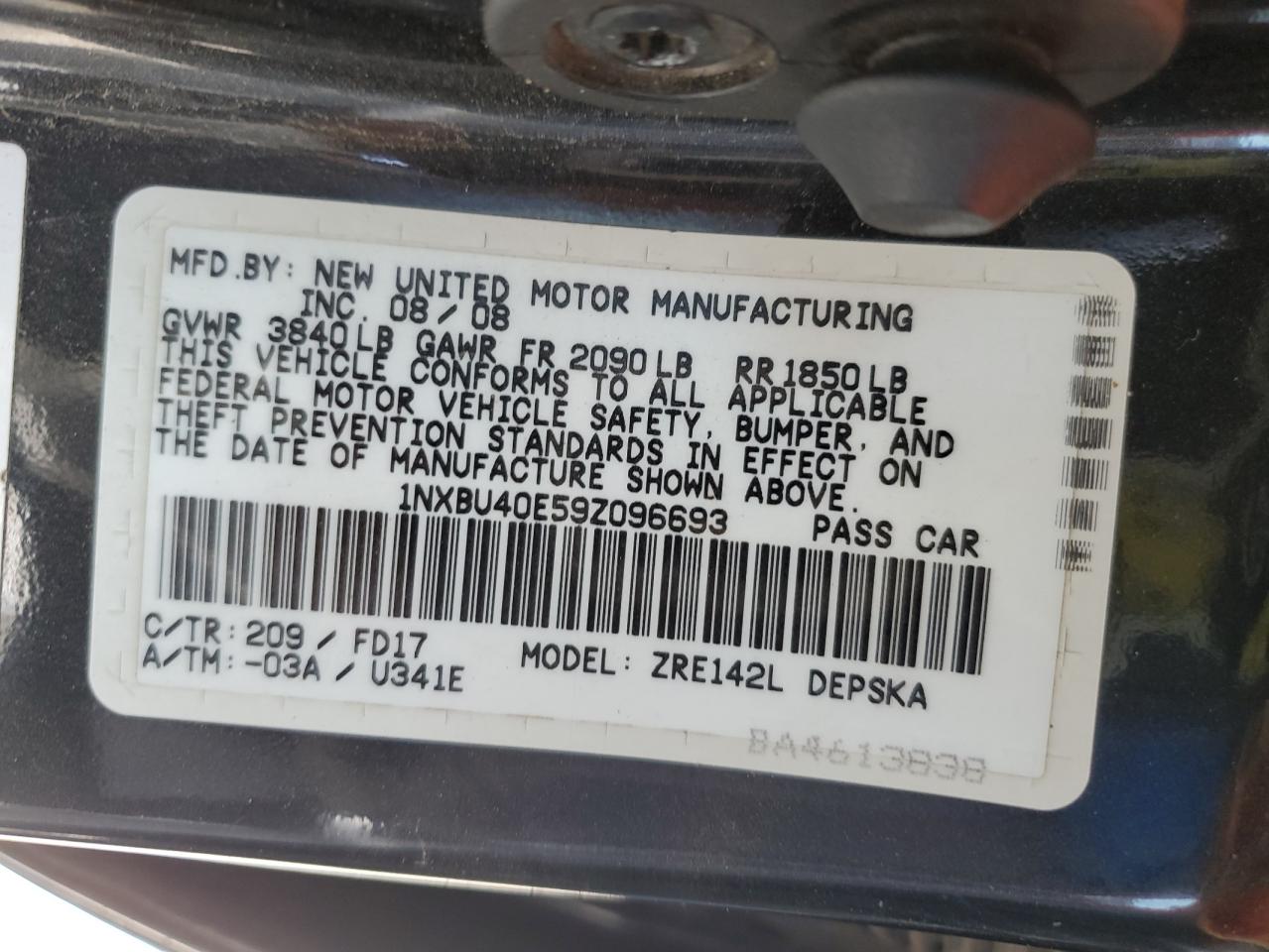 1NXBU40E59Z096693 2009 Toyota Corolla Base