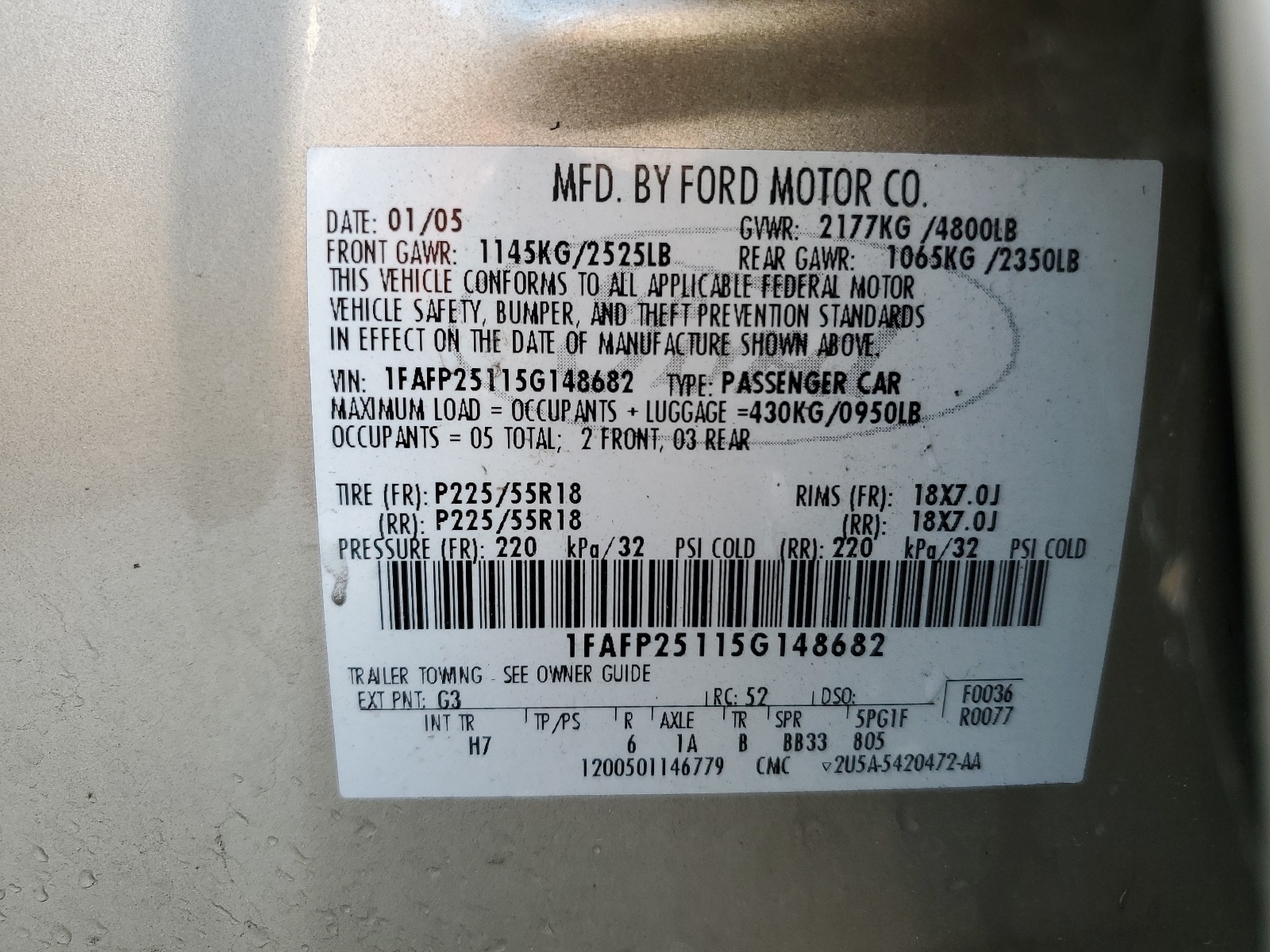 1FAFP25115G148682 2005 Ford Five Hundred Limited