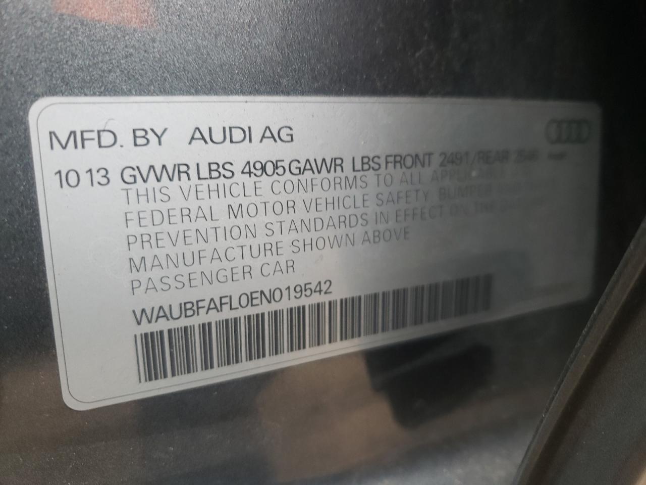 2014 Audi A4 Premium VIN: WAUBFAFL0EN019542 Lot: 56340854