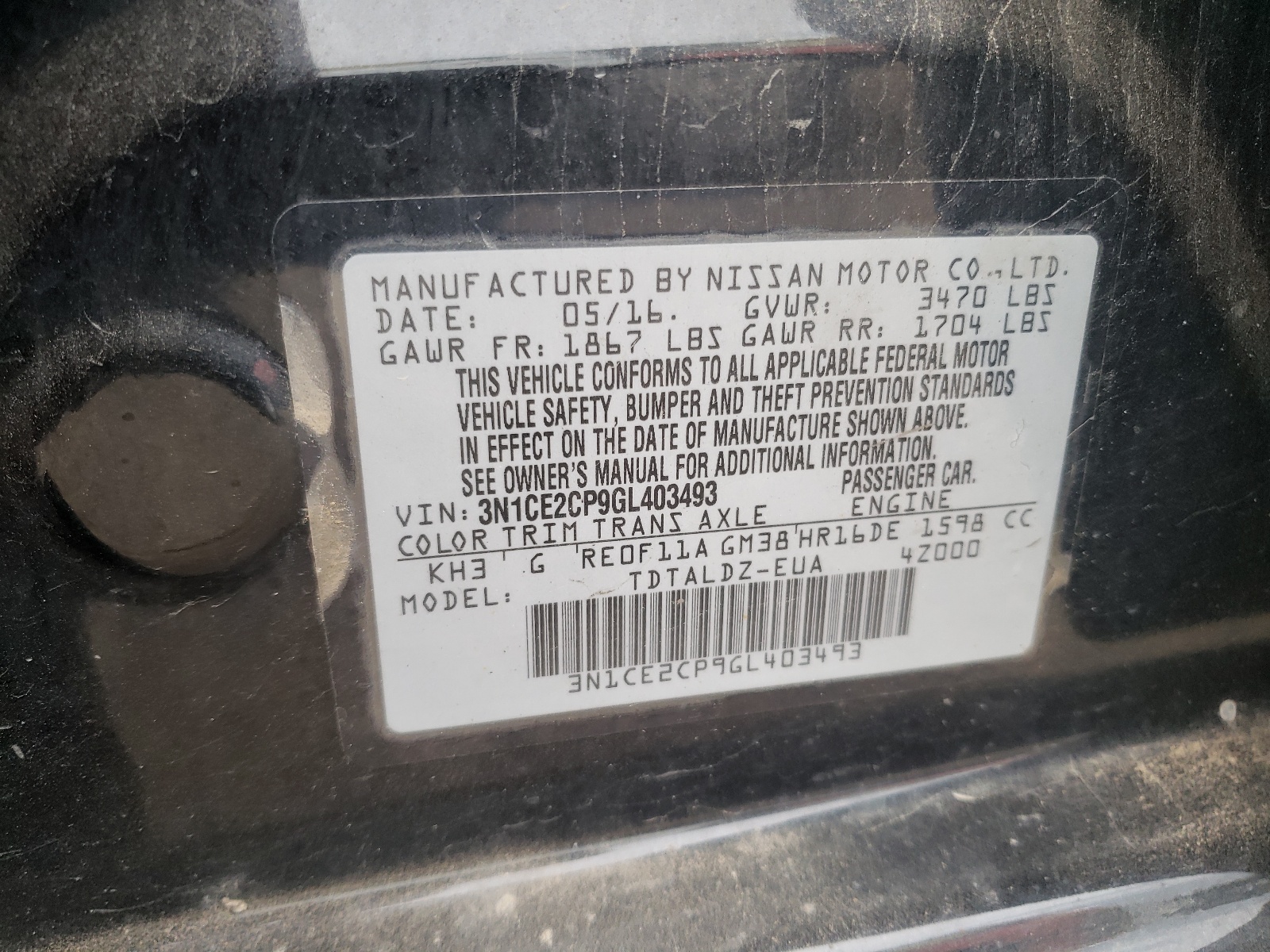 3N1CE2CP9GL403493 2016 Nissan Versa Note S