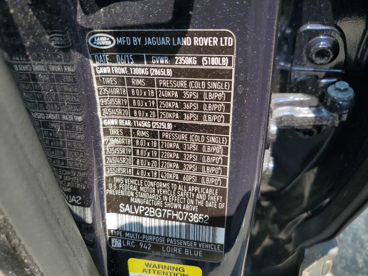 2015 Land Rover Range Rover Evoque Pure Plus VIN: SALVP2BG7FH073652 Lot: 58275374