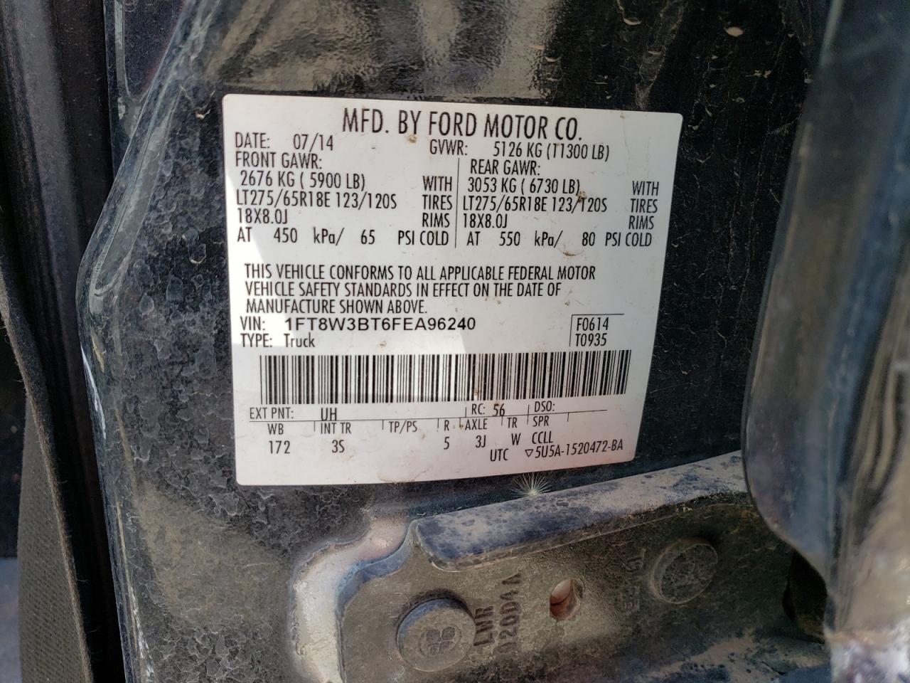 2015 Ford F350 Super Duty VIN: 1FT8W3BT6FEA96240 Lot: 59172544