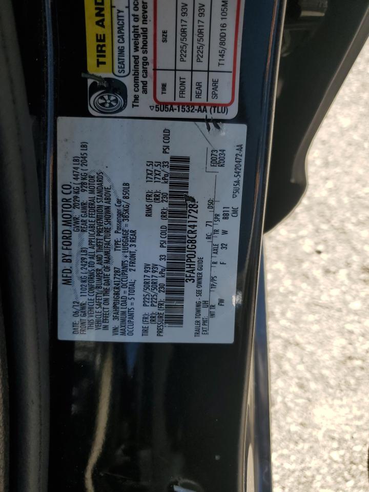 2012 Ford Fusion Sel VIN: 3FAHP0JG8CR417287 Lot: 56837554