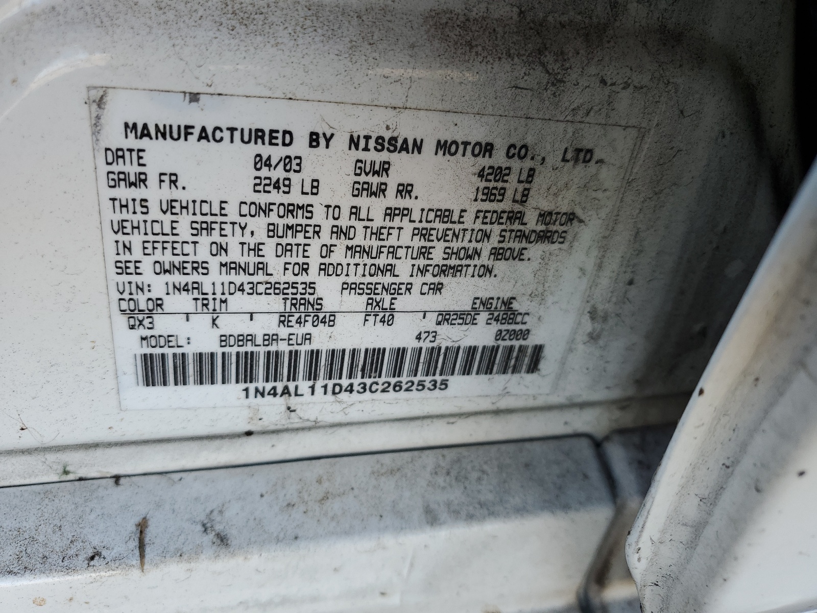 1N4AL11D43C262535 2003 Nissan Altima Base