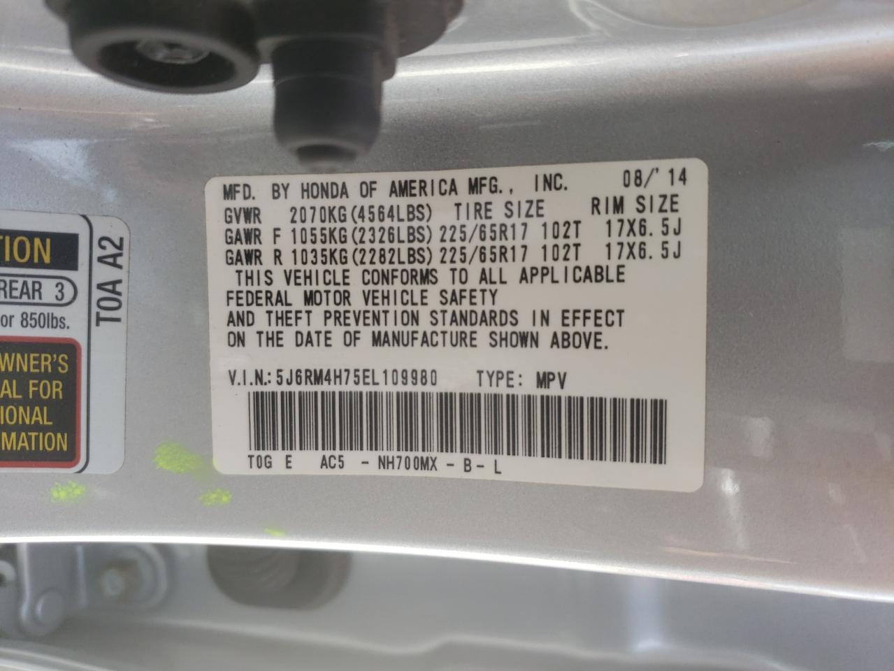 2014 Honda Cr-V Exl VIN: 5J6RM4H75EL109980 Lot: 59744184