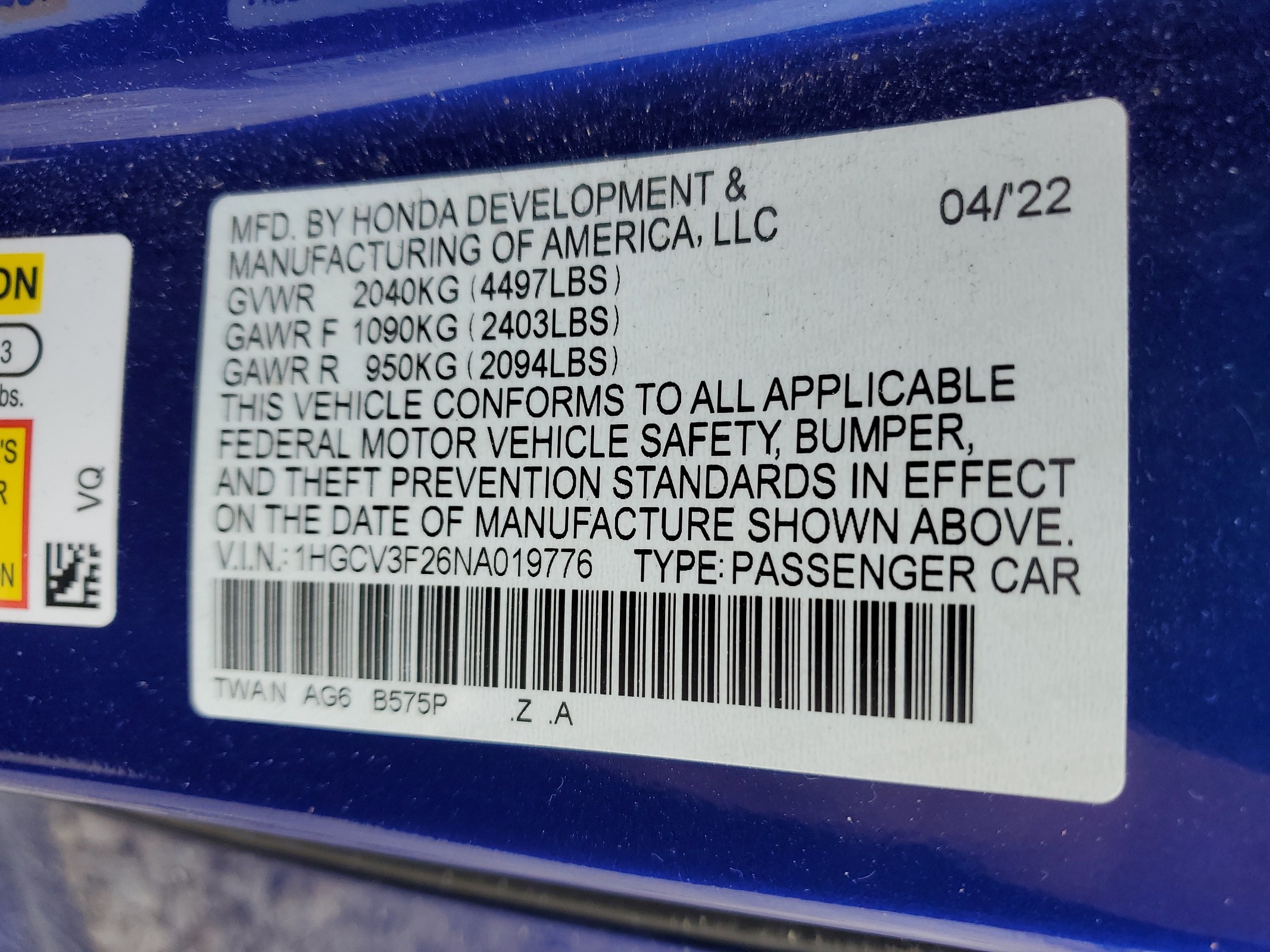 1HGCV3F26NA019776 2022 Honda Accord Hybrid Sport
