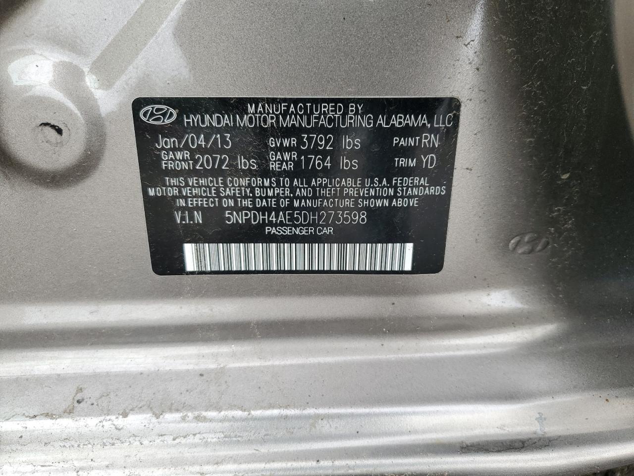 2013 Hyundai Elantra Gls VIN: 5NPDH4AE5DH273598 Lot: 57751294