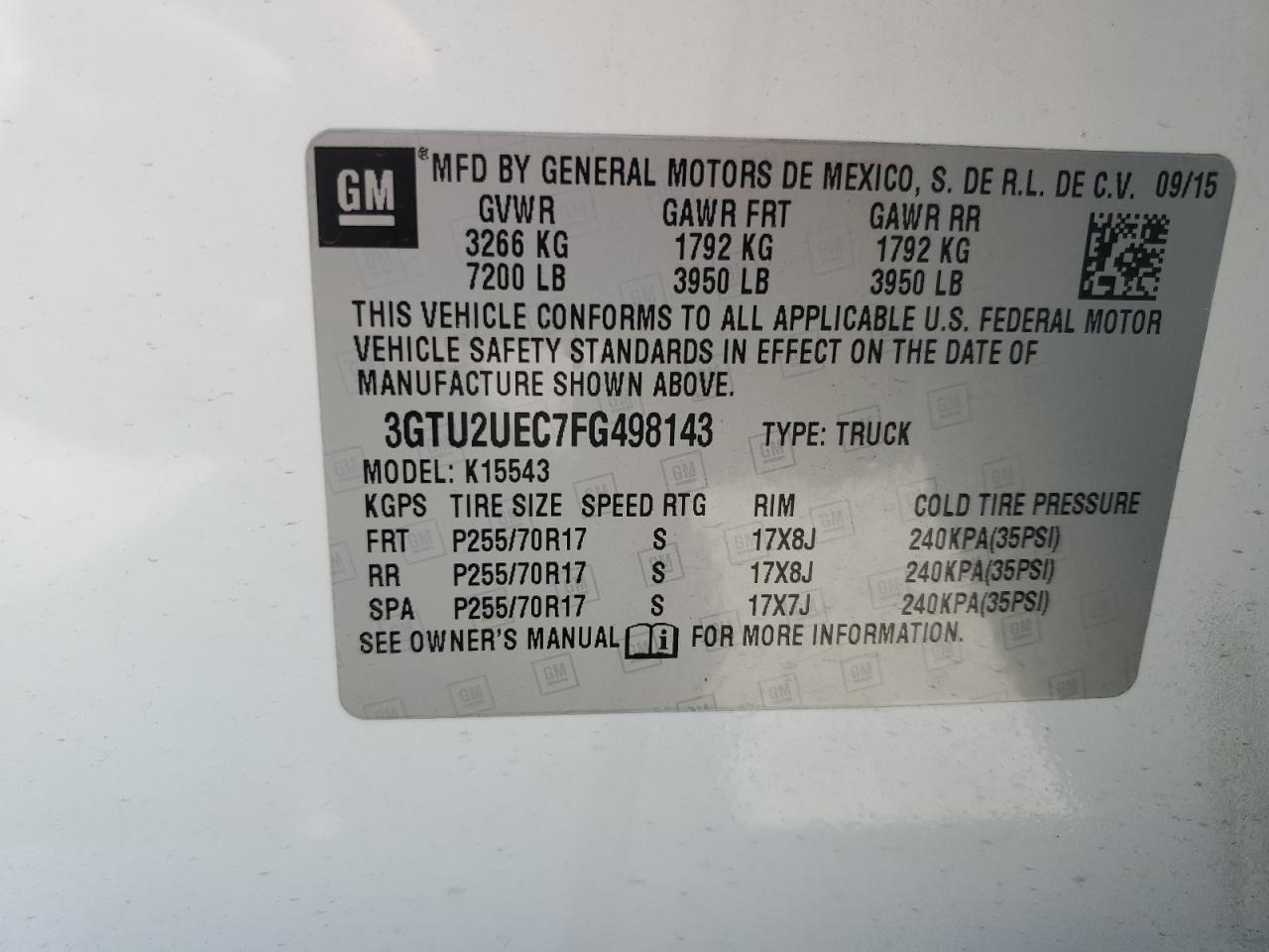 3GTU2UEC7FG498143 2015 GMC Sierra K1500 Sle