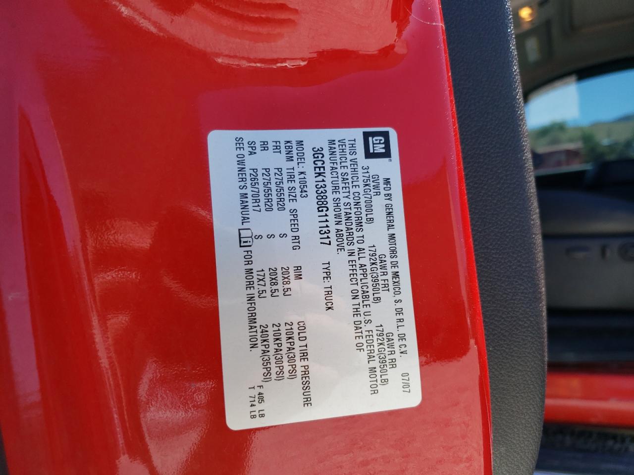 2008 Chevrolet Silverado K1500 VIN: 3GCEK13388G111317 Lot: 61135304