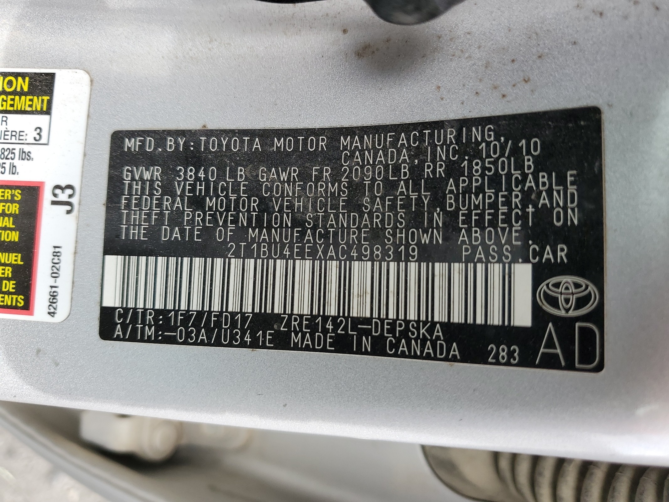 2T1BU4EEXAC498319 2010 Toyota Corolla Base