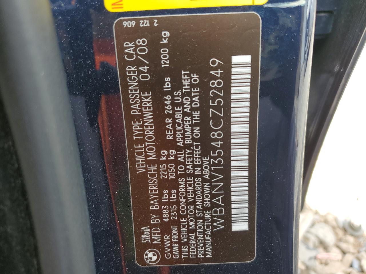 2008 BMW 528 Xi VIN: WBANV13548CZ52849 Lot: 59673974