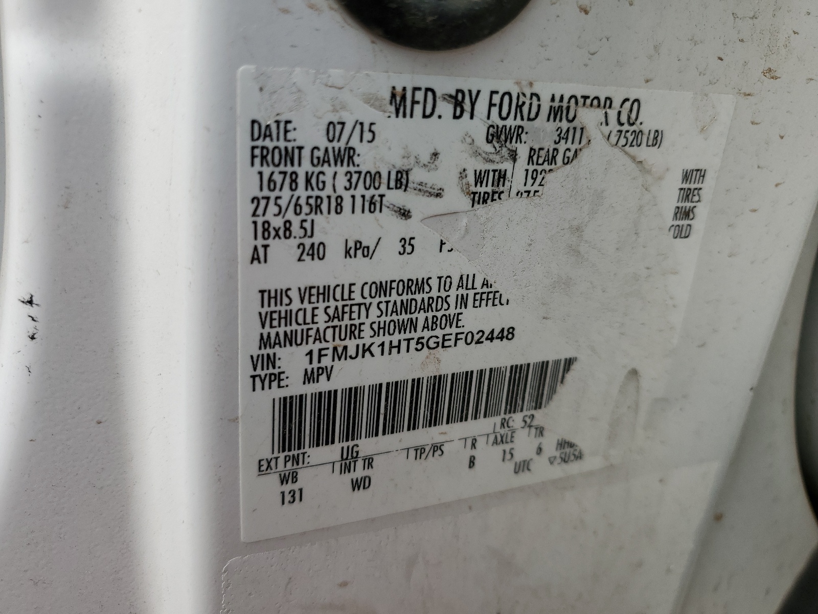 1FMJK1HT5GEF02448 2016 Ford Expedition El Xlt