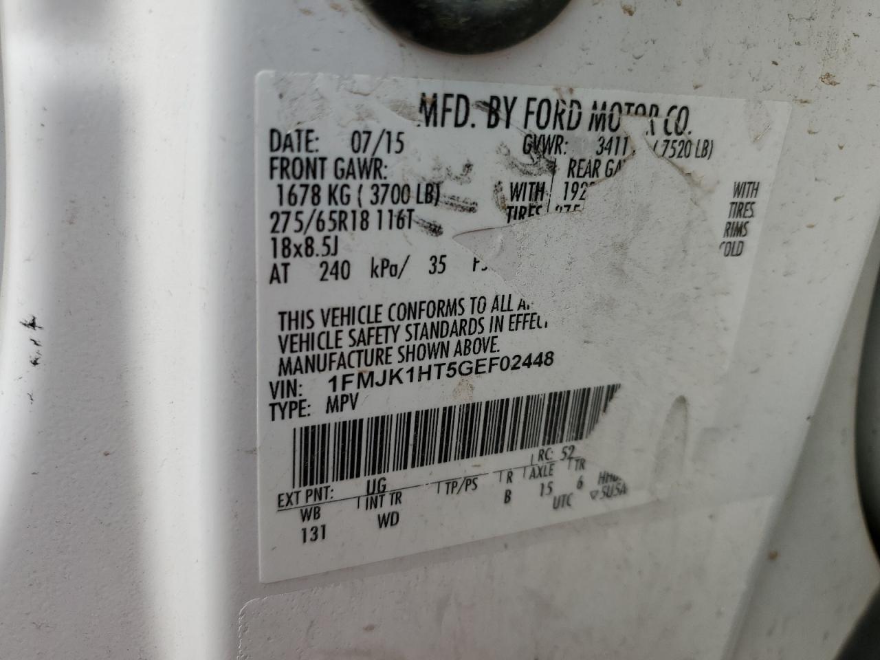 2016 Ford Expedition El Xlt VIN: 1FMJK1HT5GEF02448 Lot: 57336034