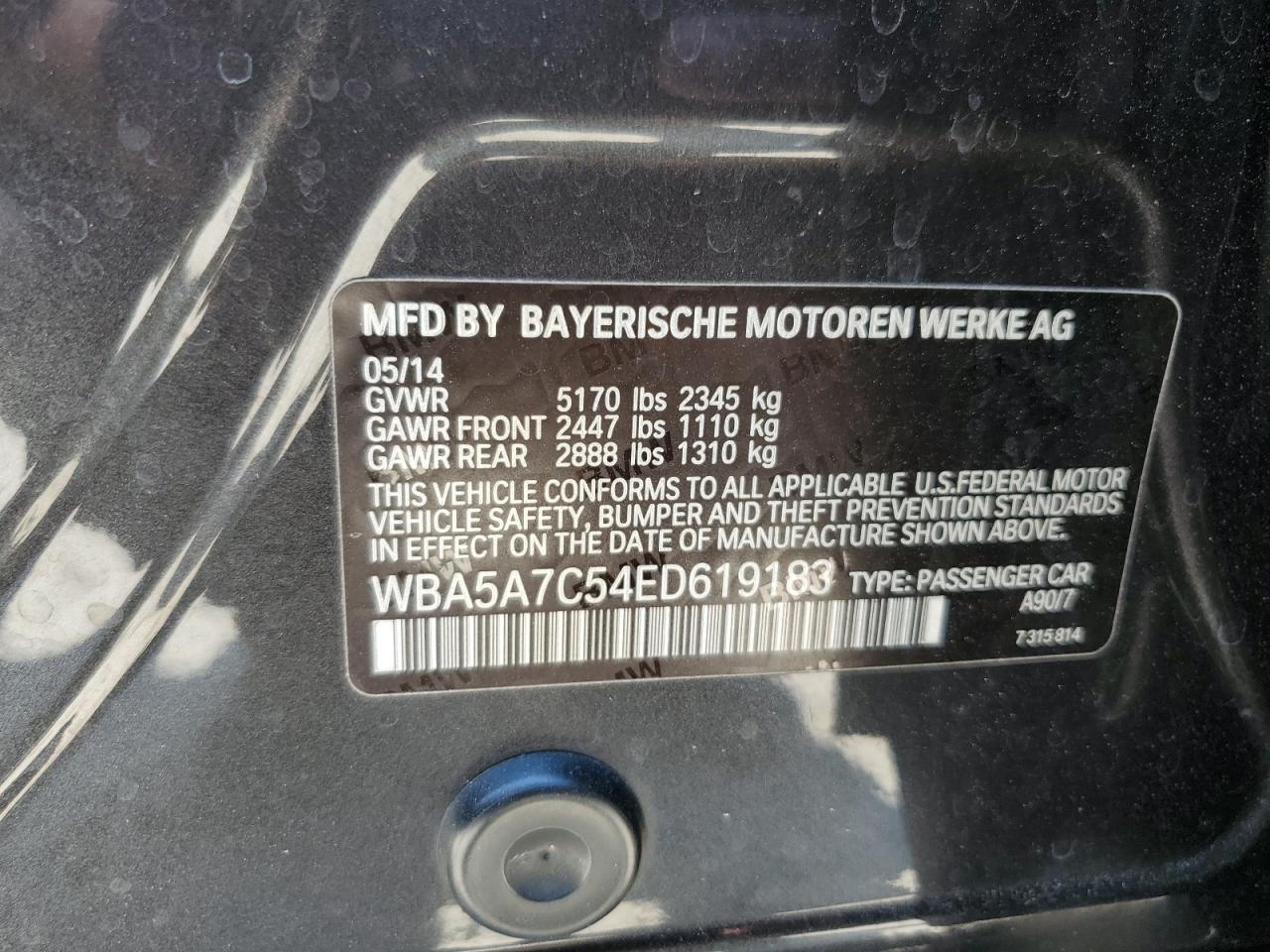 2014 BMW 528 Xi VIN: WBA5A7C54ED619183 Lot: 58607554