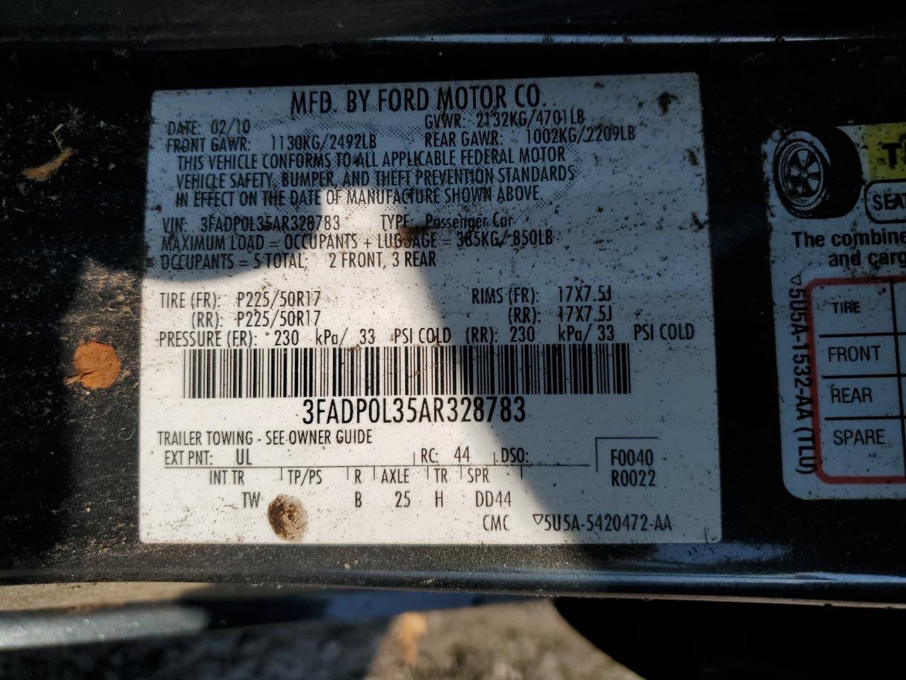 2010 Ford Fusion Hybrid VIN: 3FADP0L35AR328783 Lot: 59112804