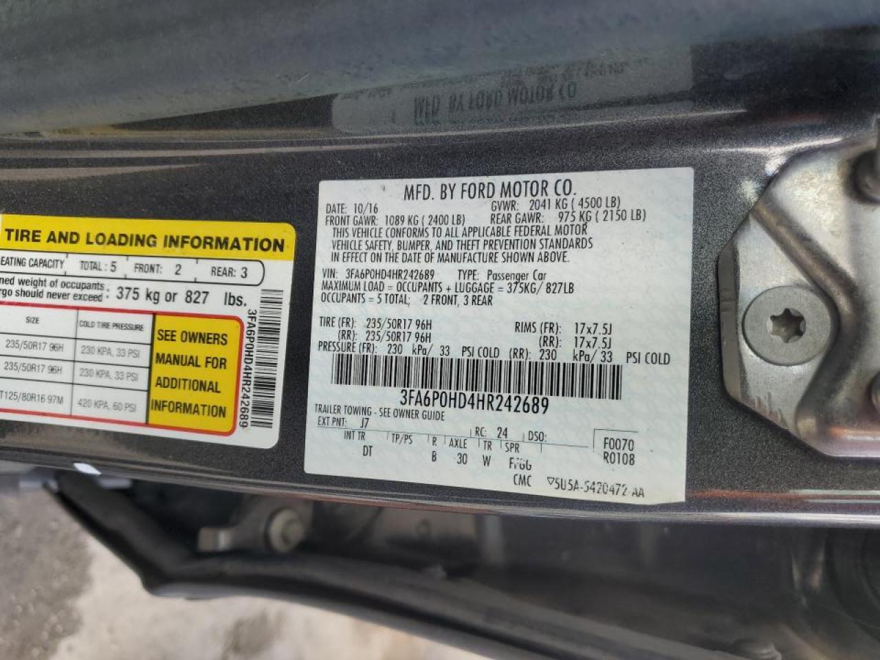 2017 Ford Fusion Se VIN: 3FA6P0HD4HR242689 Lot: 59486934