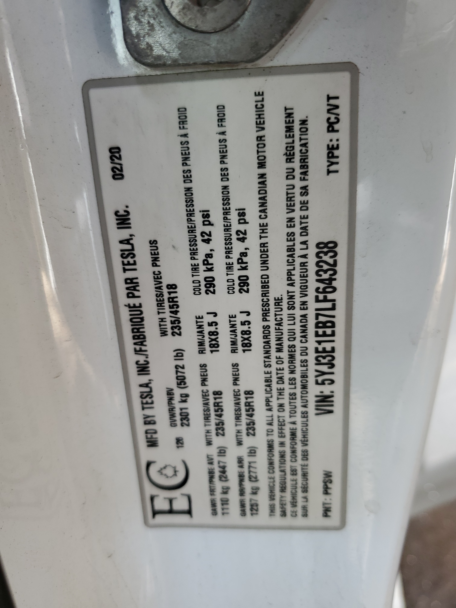 5YJ3E1EB7LF643238 2020 Tesla Model 3