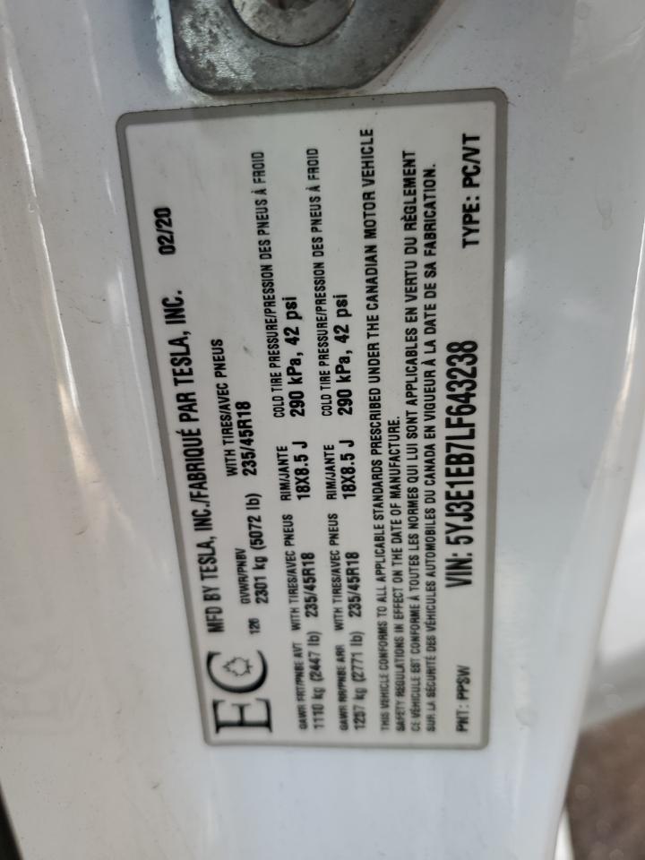 2020 Tesla Model 3 VIN: 5YJ3E1EB7LF643238 Lot: 57657964