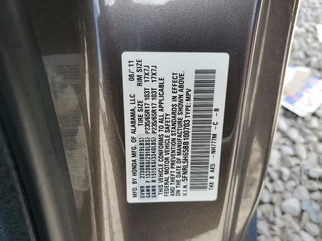 5FNRL5H65BB100703 2011 Honda Odyssey Exl