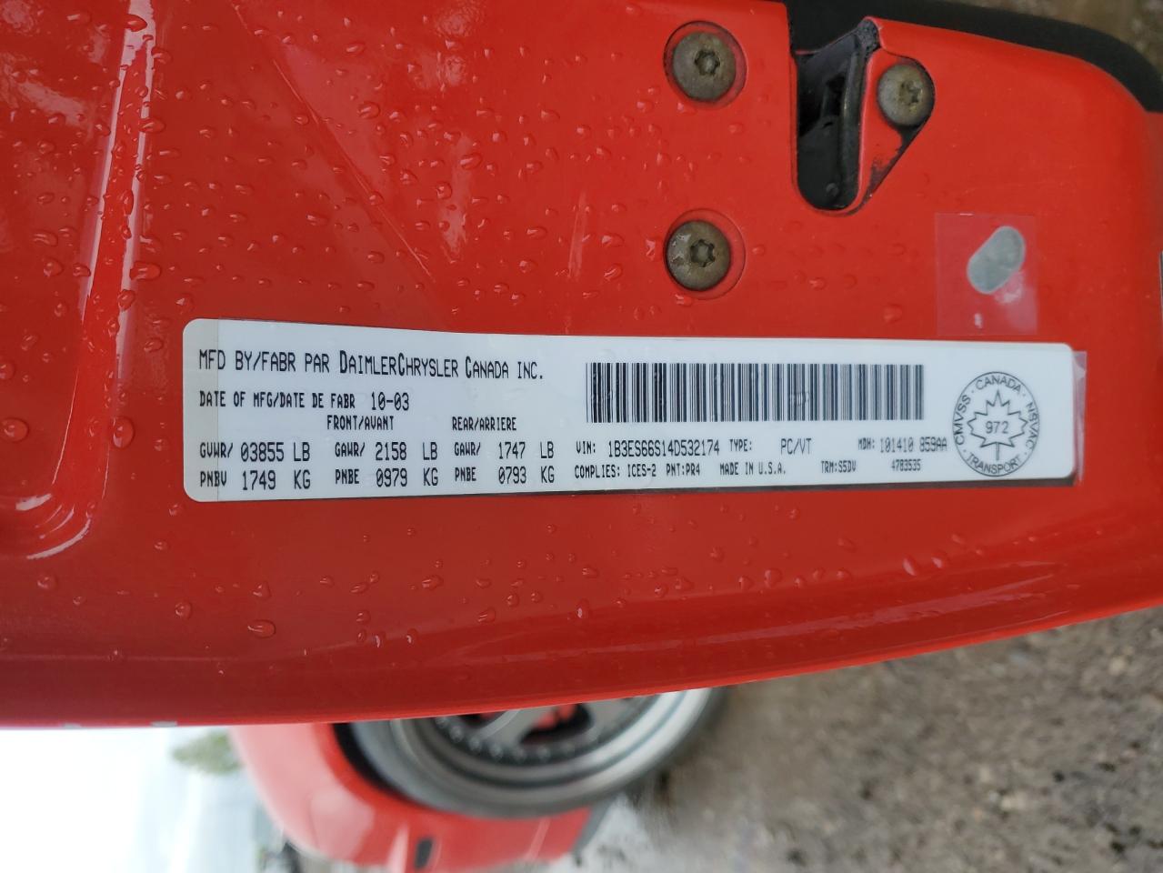 2004 Dodge Neon Srt-4 VIN: 1B3ES66S14D532174 Lot: 61008434