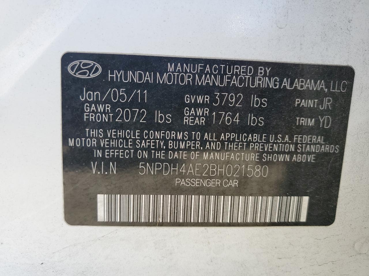2011 Hyundai Elantra Gls VIN: 5NPDH4AE2BH021580 Lot: 61163924