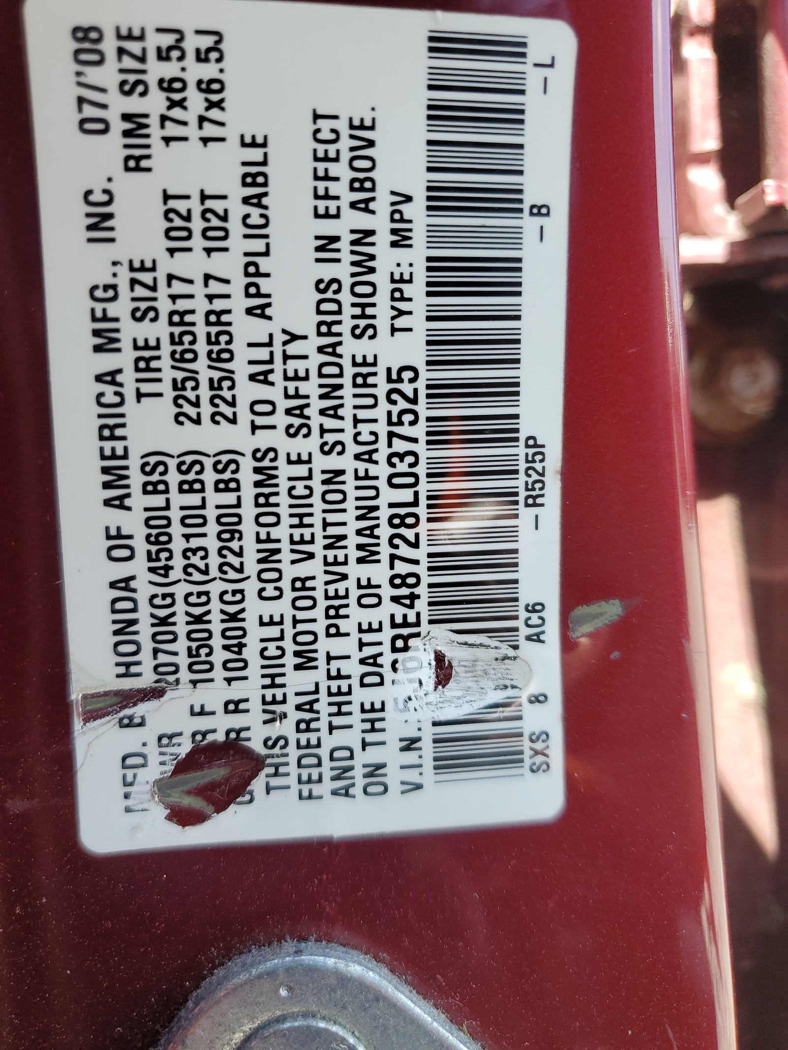 5J6RE48728L037525 2008 Honda Cr-V Exl