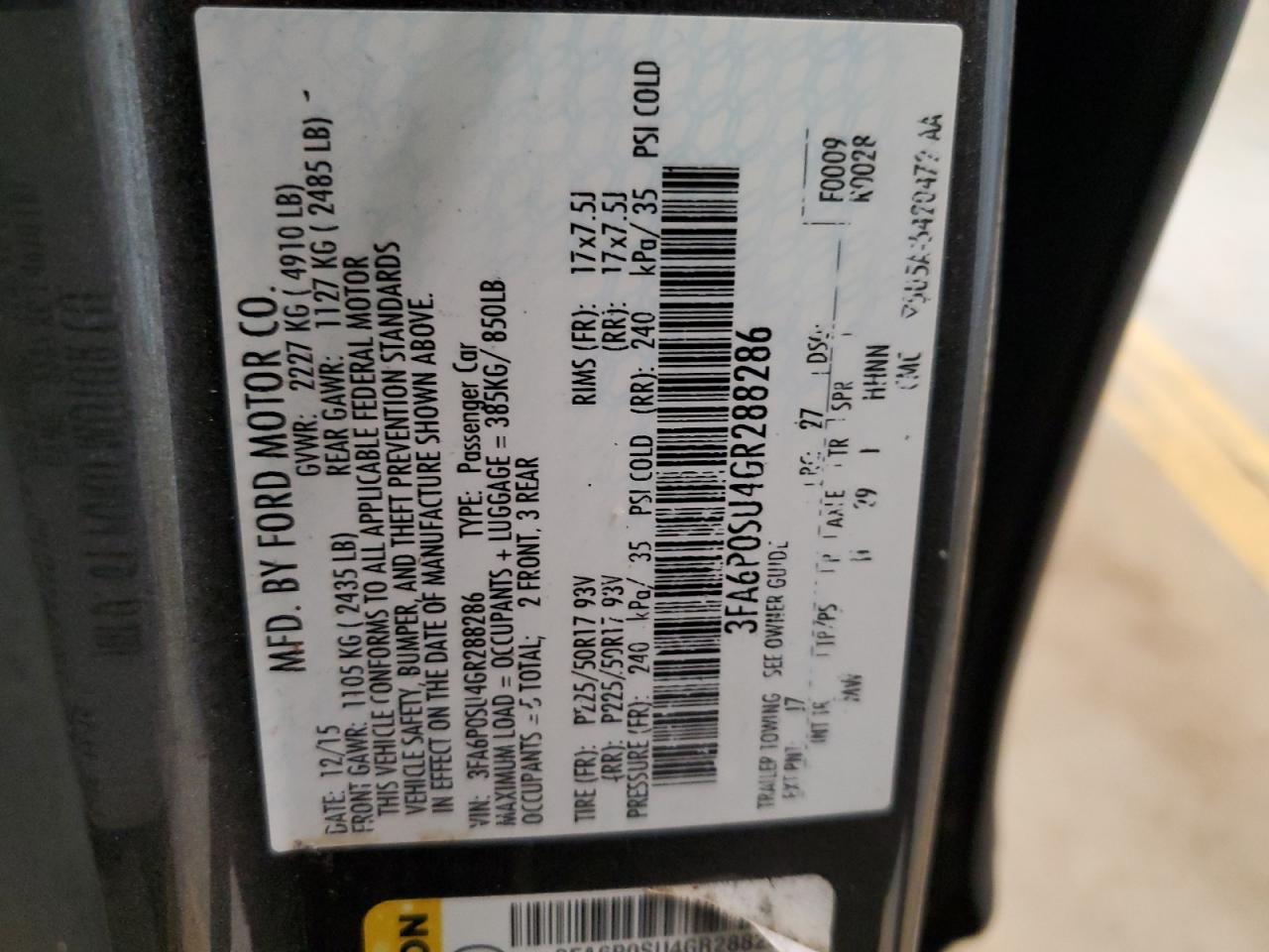 2016 Ford Fusion Titanium Phev VIN: 3FA6P0SU4GR288286 Lot: 67588095