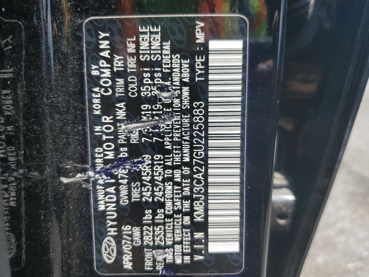 2016 Hyundai Tucson Limited VIN: KM8J3CA27GU225883 Lot: 59113384