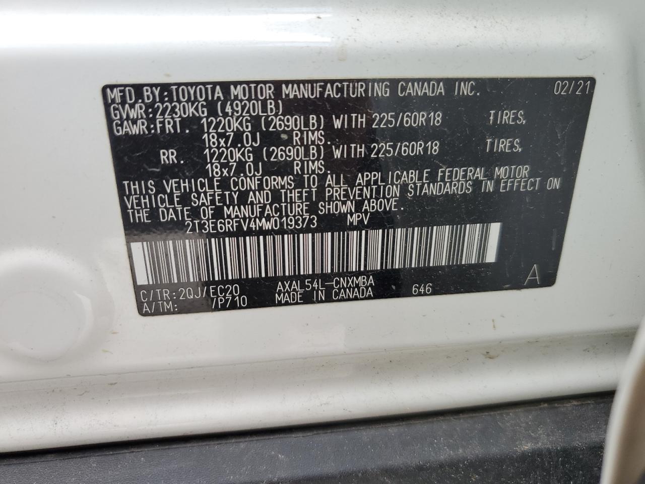 2T3E6RFV4MW019373 2021 Toyota Rav4 Xse