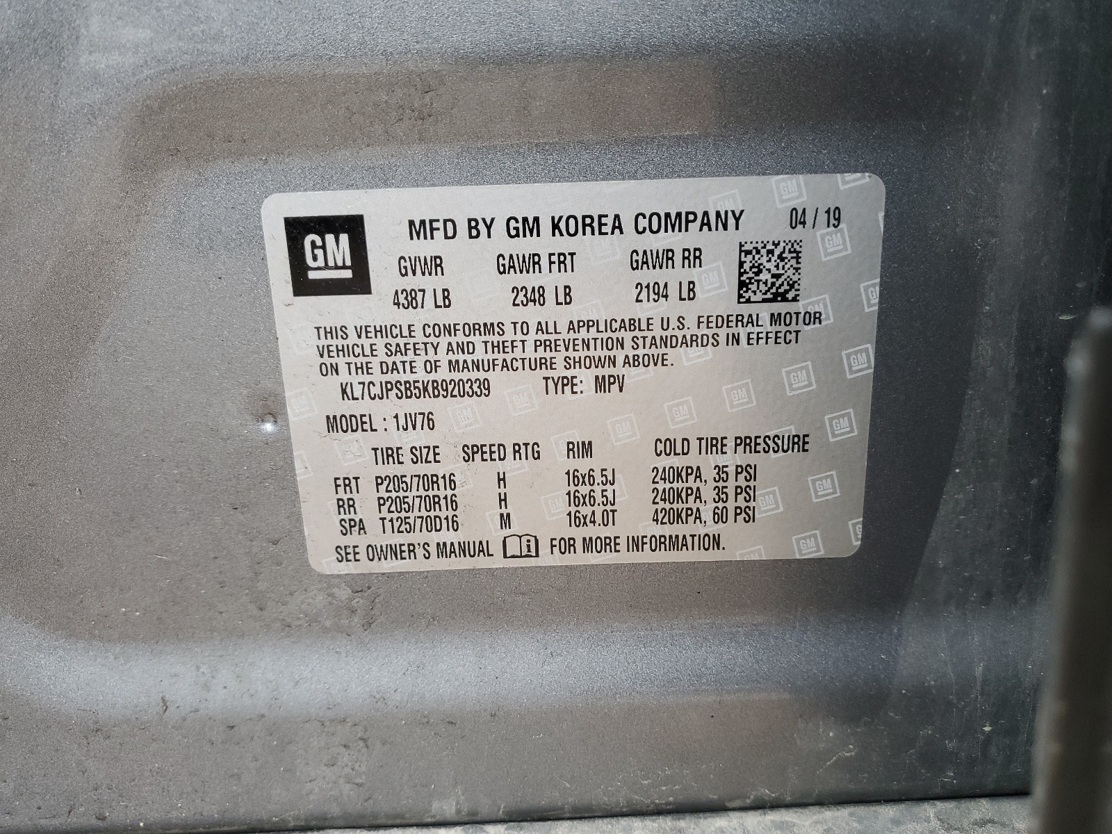 KL7CJPSB5KB920339 2019 Chevrolet Trax 1Lt