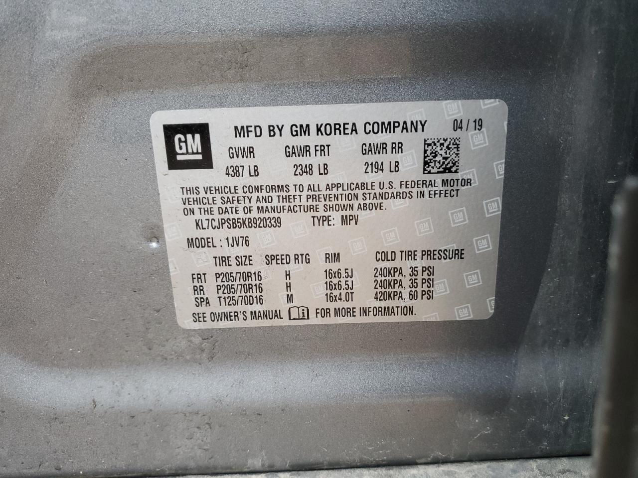 2019 Chevrolet Trax 1Lt VIN: KL7CJPSB5KB920339 Lot: 57466634