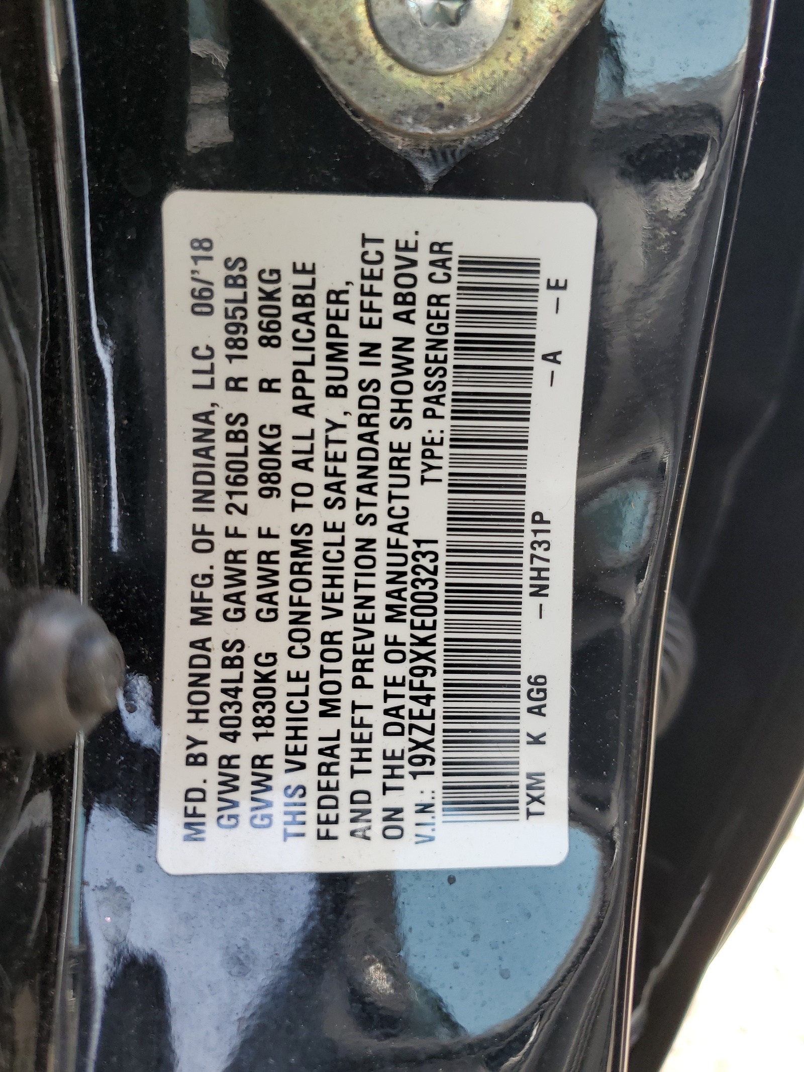 19XZE4F9XKE003231 2019 Honda Insight Touring