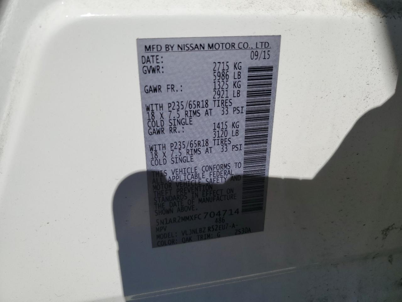 2015 Nissan Pathfinder S VIN: 5N1AR2MMXFC704714 Lot: 58382474