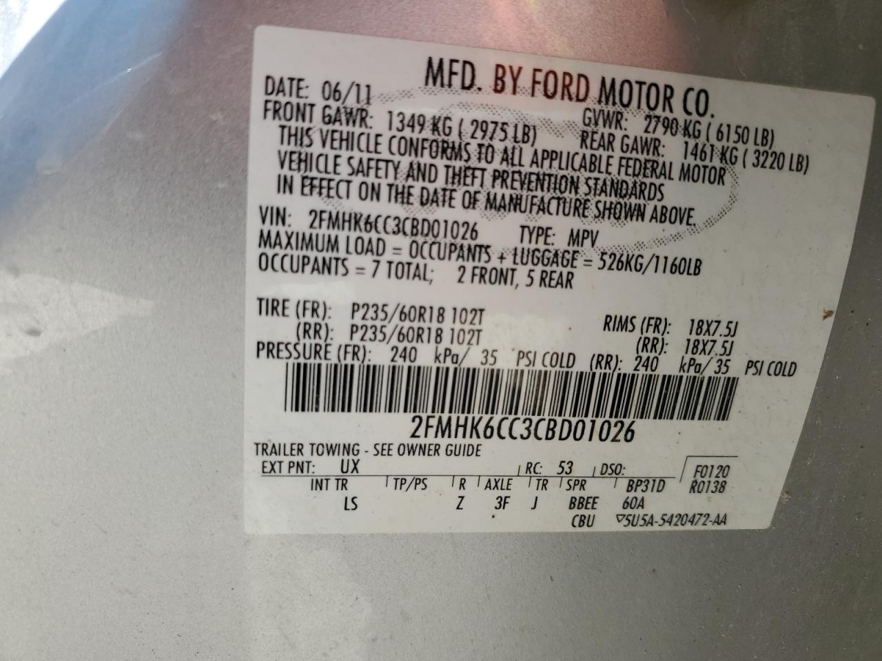 2012 Ford Flex Sel VIN: 2FMHK6CC3CBD01026 Lot: 59478924