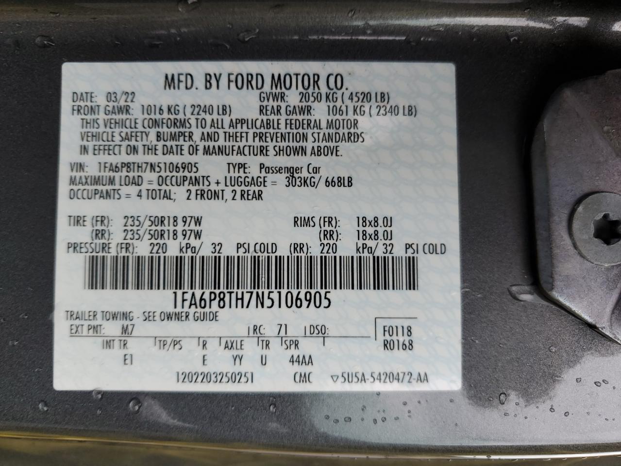 2022 Ford Mustang VIN: 1FA6P8TH7N5106905 Lot: 57682704