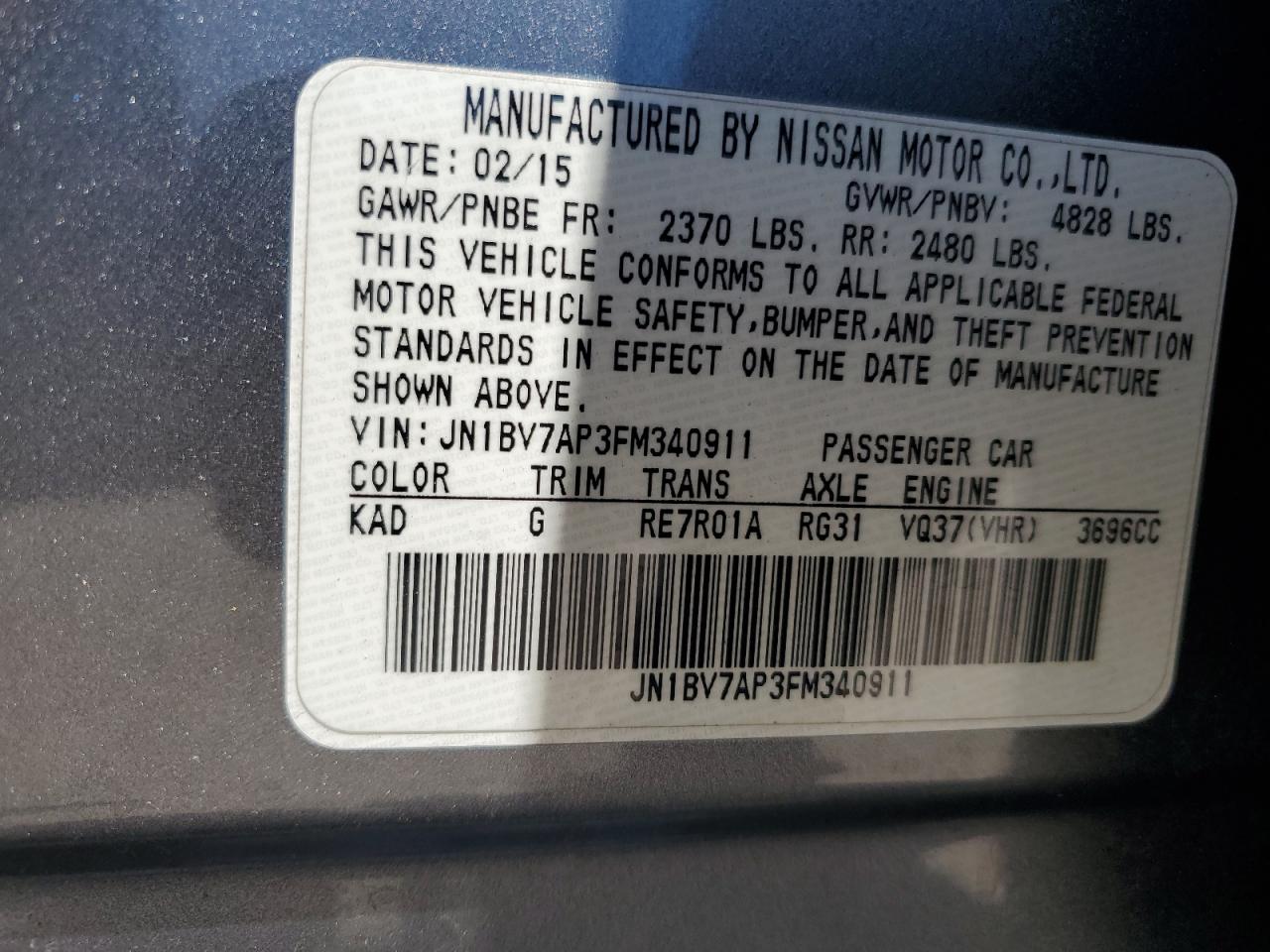 VIN JN1BV7AP3FM340911 2015 INFINITI Q50 no.12