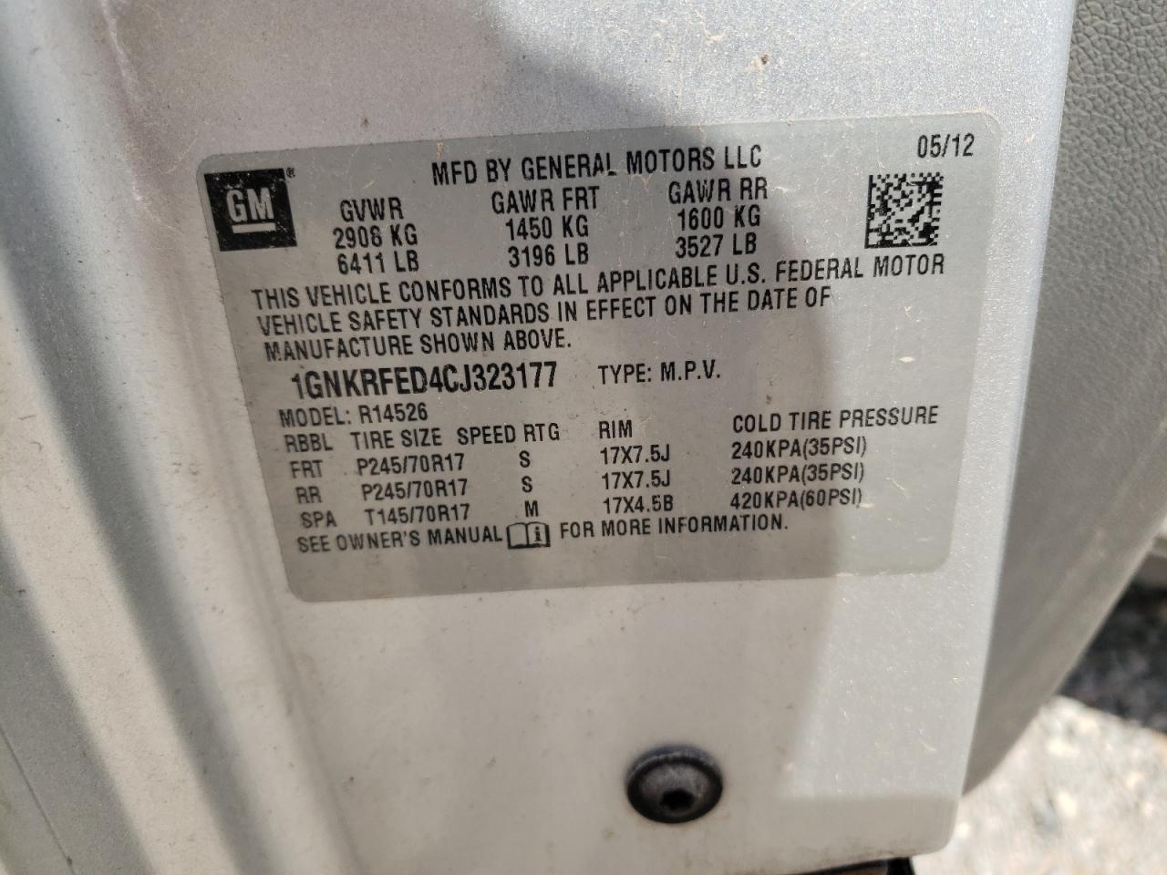 2012 Chevrolet Traverse Ls VIN: 1GNKRFED4CJ323177 Lot: 60509654