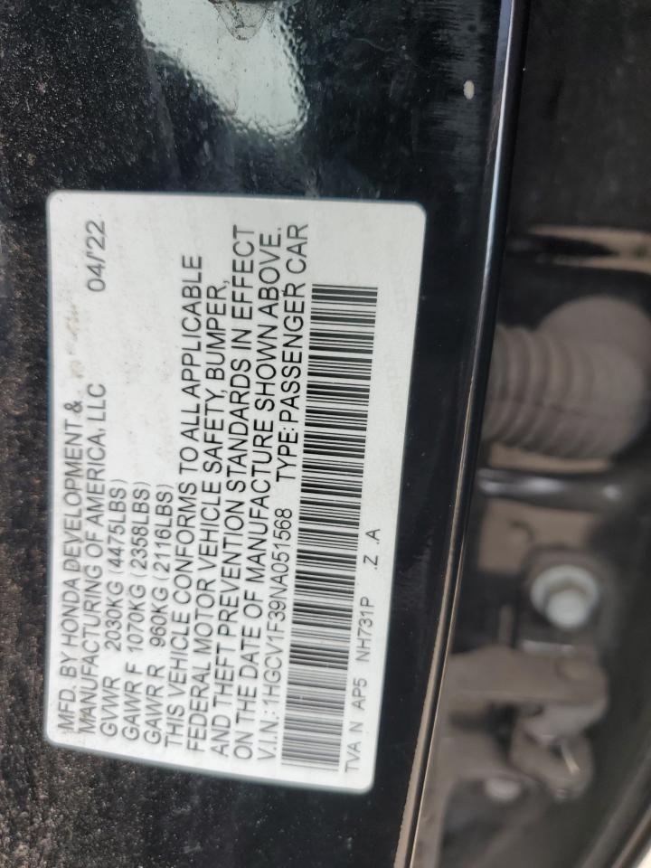 2022 Honda Accord Sport VIN: 1HGCV1F39NA051568 Lot: 59893634