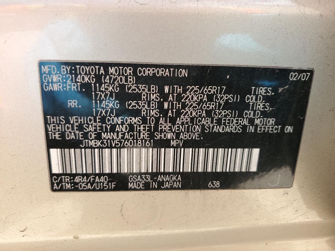 2007 Toyota Rav4 Limited VIN: JTMBK31V576018161 Lot: 56794444